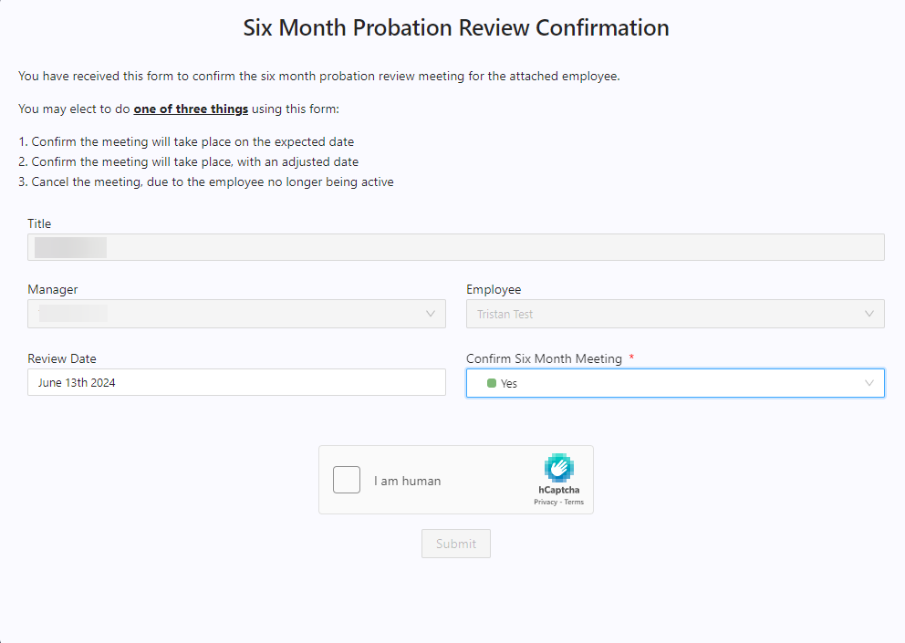 Six month probation review confirmation form